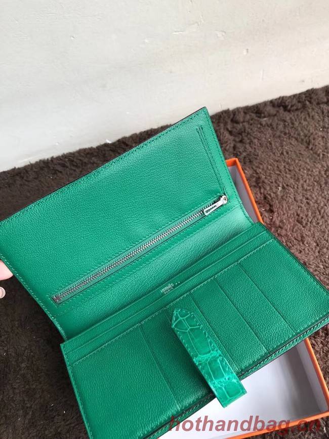 Hermes 100% genuine crocodile leather kelly Wallet 33569 green