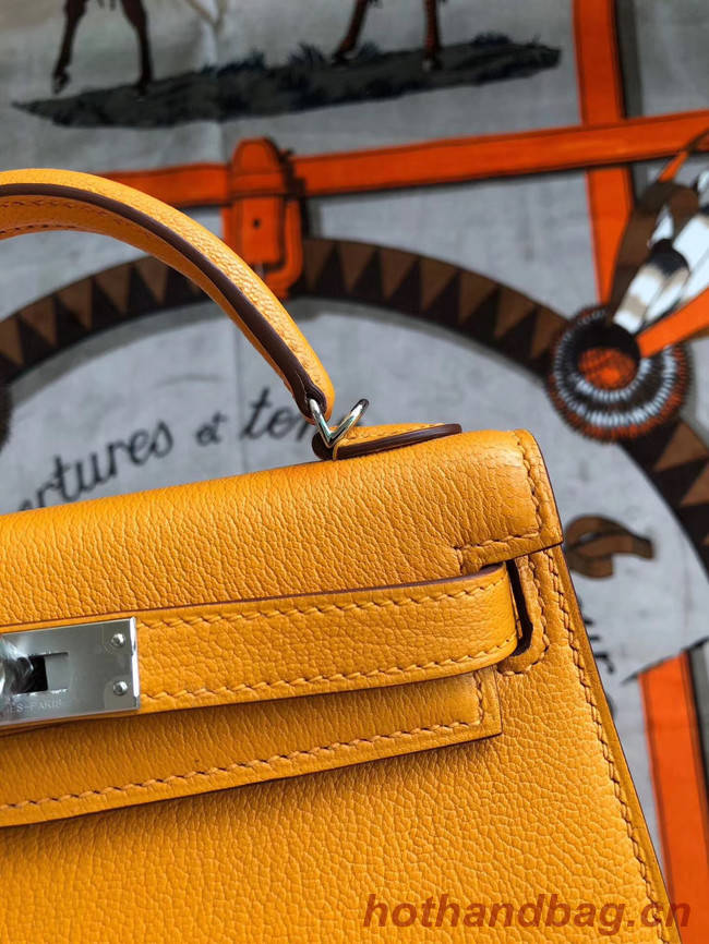 Hermes original mini Kelly chevre mysore K19CM Mango yellow&silver Metal