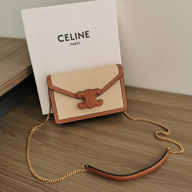 Celine WALLET ON CHAIN MARGO IN TEXTILE AND CALFSKIN 10J733 NATURAL & TAN