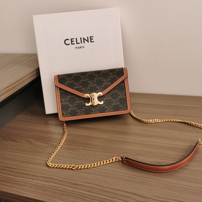 Celine WALLET ON CHAIN MARGO IN TRIOMPHE CANVAS AND CALFSKIN 10L033 TAN