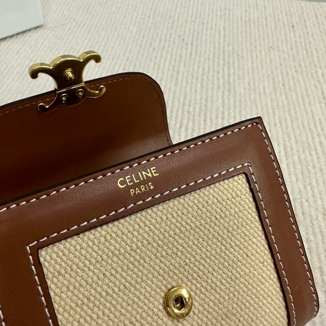 Celine SMALL FLAP WALLET TRIOMPHE IN TEXTILE AND CALFSKIN 10D783 NATURAL & TAN