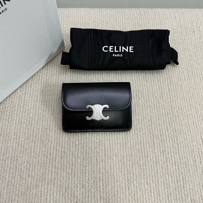 Celine CARD HOLDER WITH FLAP TRIOMPHE IN SHINY CALFSKIN 10I583 black&SILVER