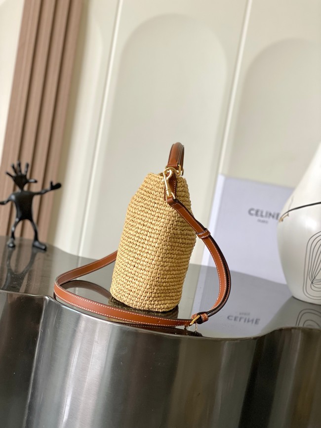 Celine SMALL LOUISE BUCKET IN RAFFIA AND CALFSKIN A119173 NATURAL & TAN