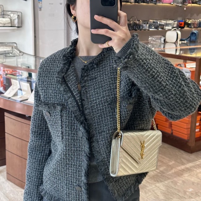 SAINT LAUREN CASSANDRE MATELASSE CHAIN WALLET IN GRAIN DE POUDRE EMBOSSED LEATHER 377828 Silver