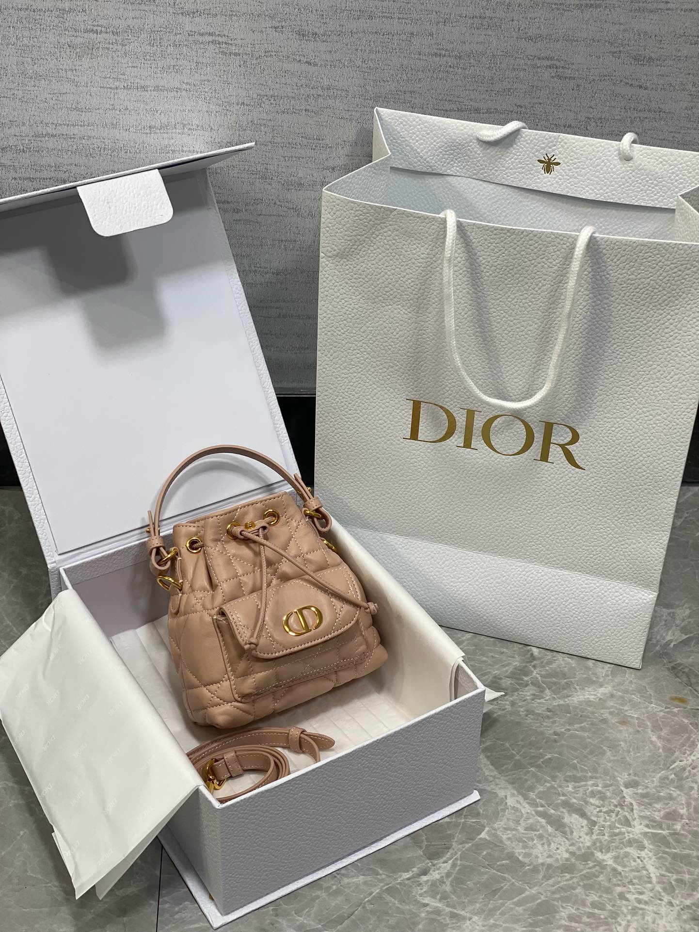 Dior Caro Nano Bucket Bag Macrocannage Lambskin S5250 pink
