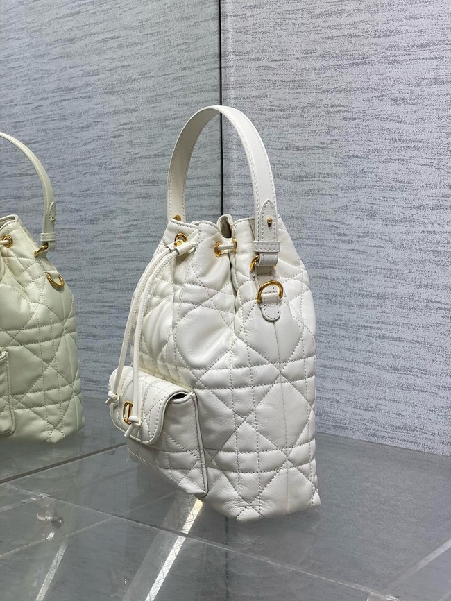Small Dior Caro Bucket Bag Macrocannage Lambskin M3372 Latte 