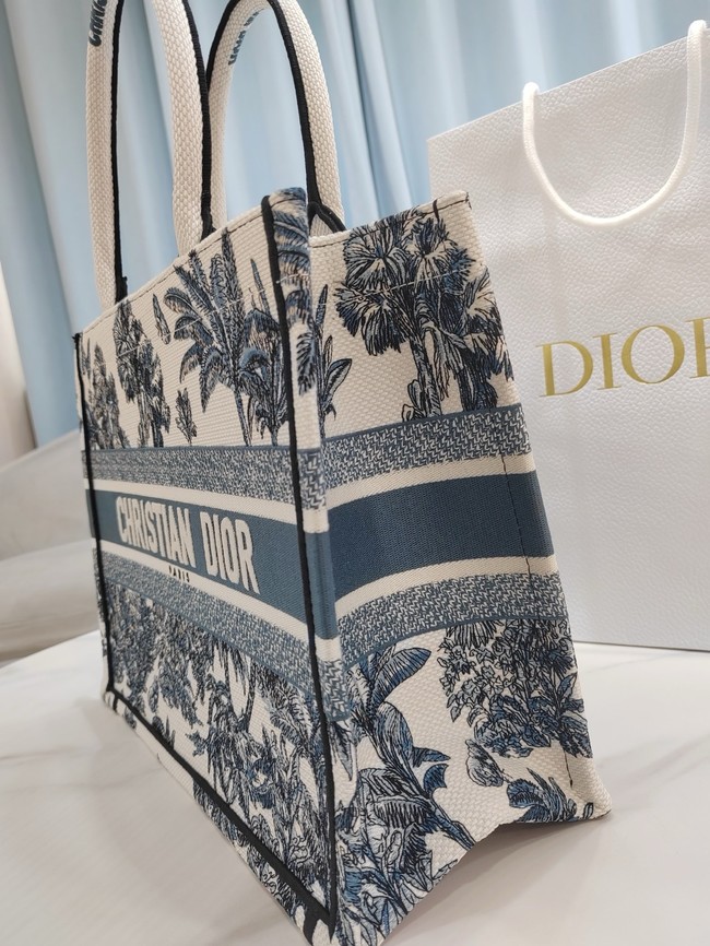 Medium Dior Book Tote White and Blue Toile de Jouy Palms Embroidery M1296ZEYD