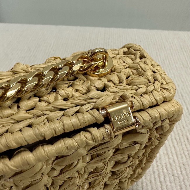 Celine CHAIN SHOULDER BAG CLAUDE IN RAFFIA EFFECT TEXTILE 112252 NATURAL & TAN