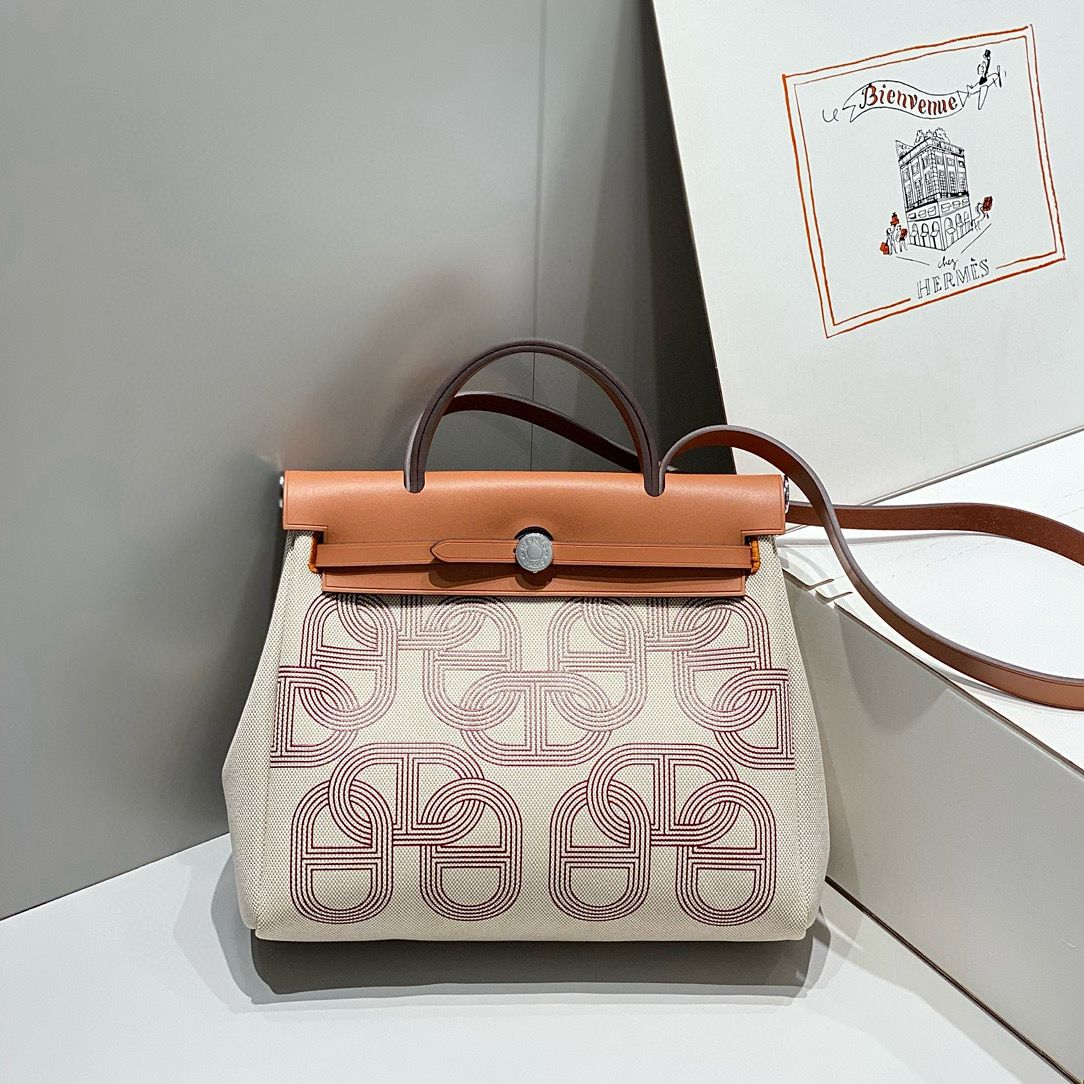 Hermes Herbag 31CM Original Canvas Print Leather & Calfskin 48887 Cream&Brown