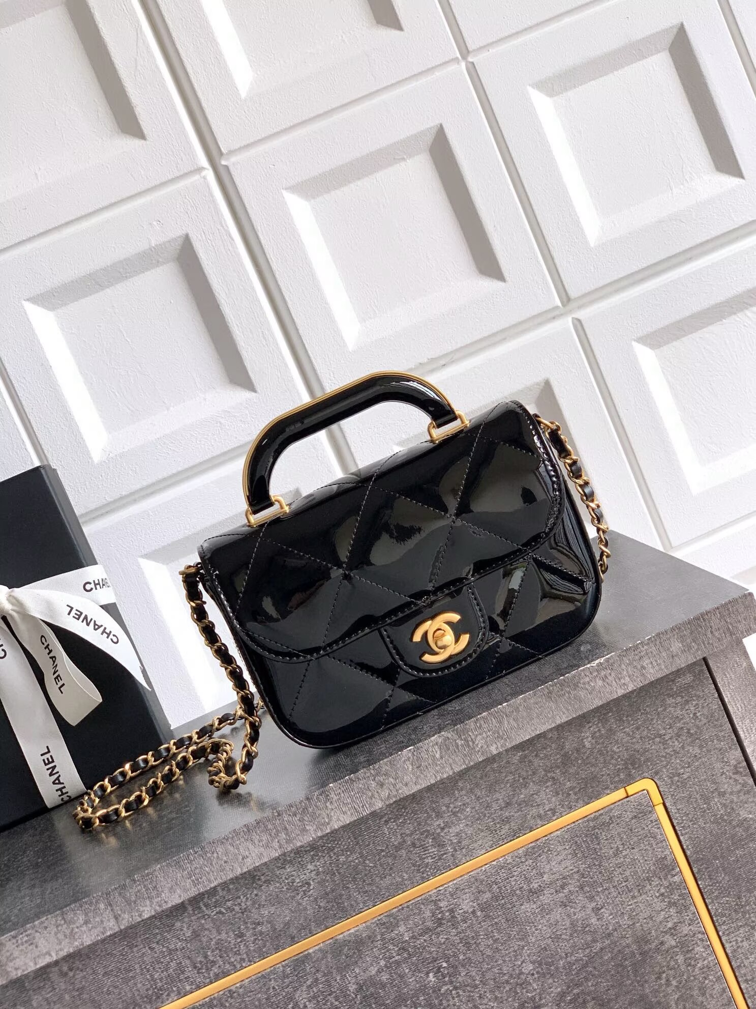 Chanel 25K Original Patent Leather Top Handle Bag  A6320 Black