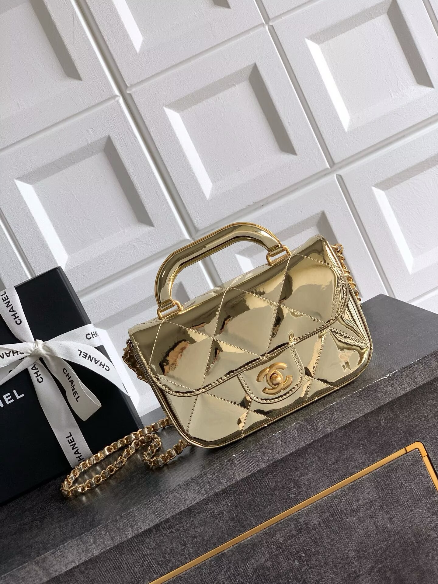Chanel 25K Original Patent Leather Top Handle Bag  A6320 Gold