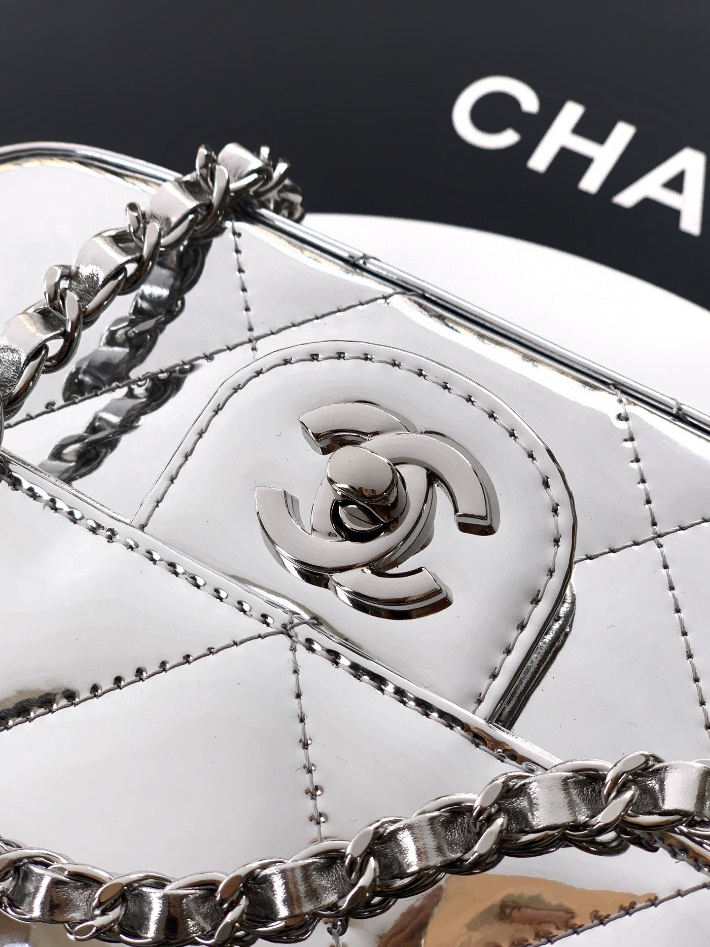 Chanel 25K Original Patent Leather Top Handle Bag  A6320 Silver