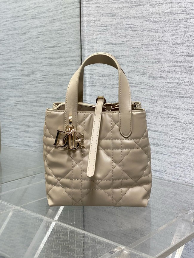 Small Dior Toujours Vertical Tote Bag Macrocannage Crinkled Calfskin M2835 beige
