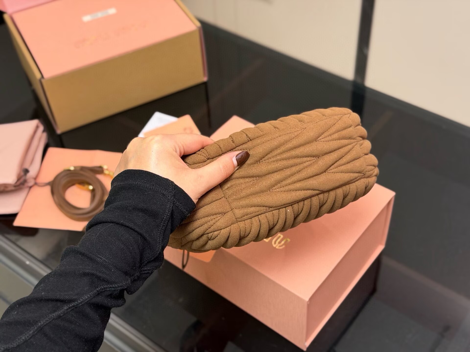 Miu Miu Women Wander Matelasse Suede Top Handle Bag MM63201 Dark Brown