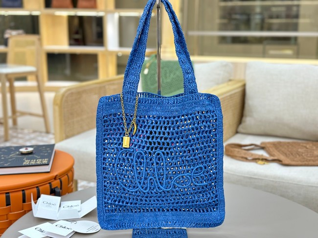 Chloe SUMMER straw and leather tote bag 0824P blue