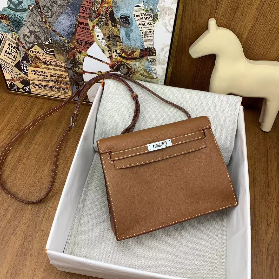 Hermes Kelly Danse Original Evercolor Leather 22CM KL22 Brown Silver-Tone