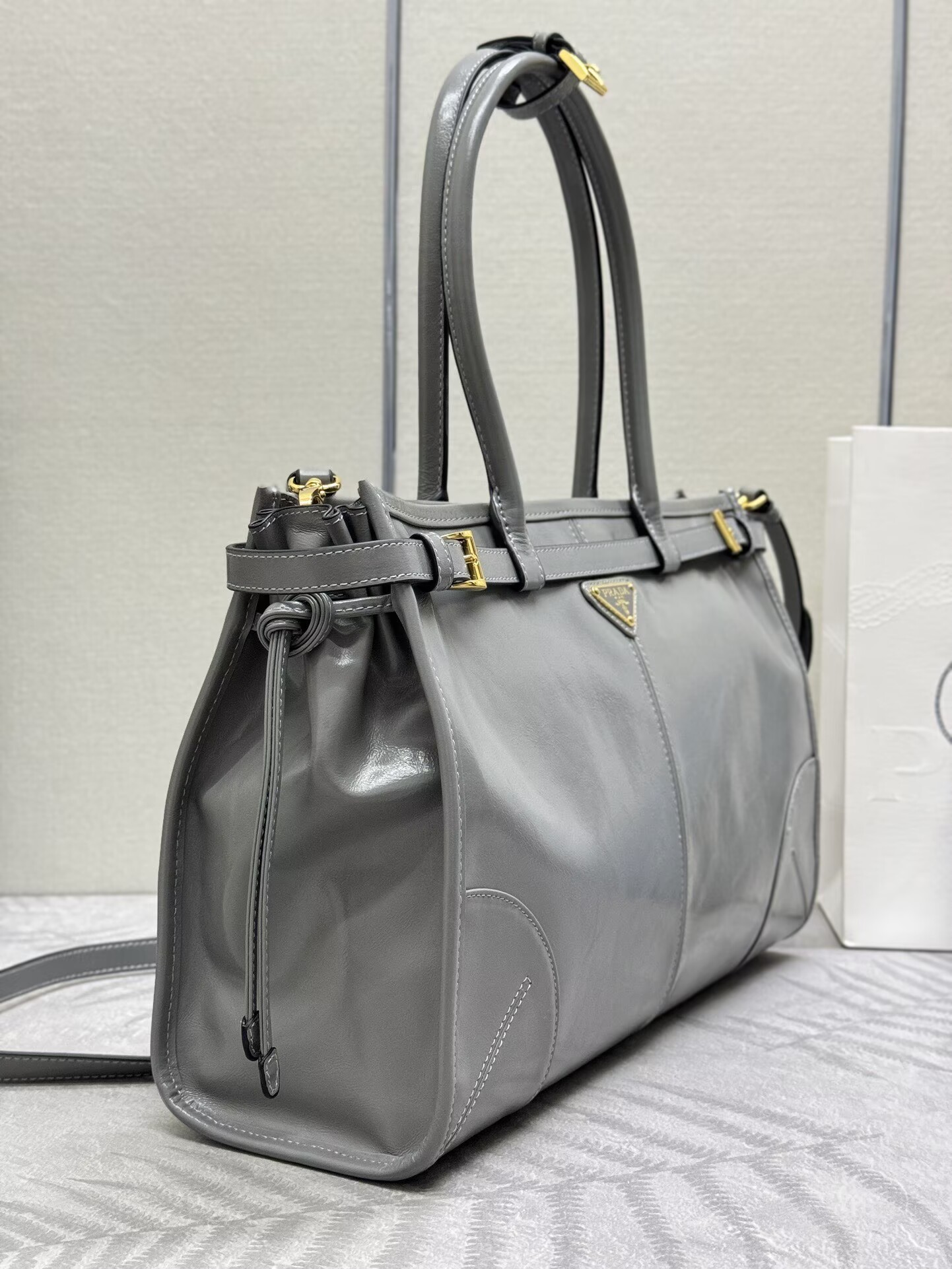 Prada Bonnie Leather Tote Bag 1BA433 Gray