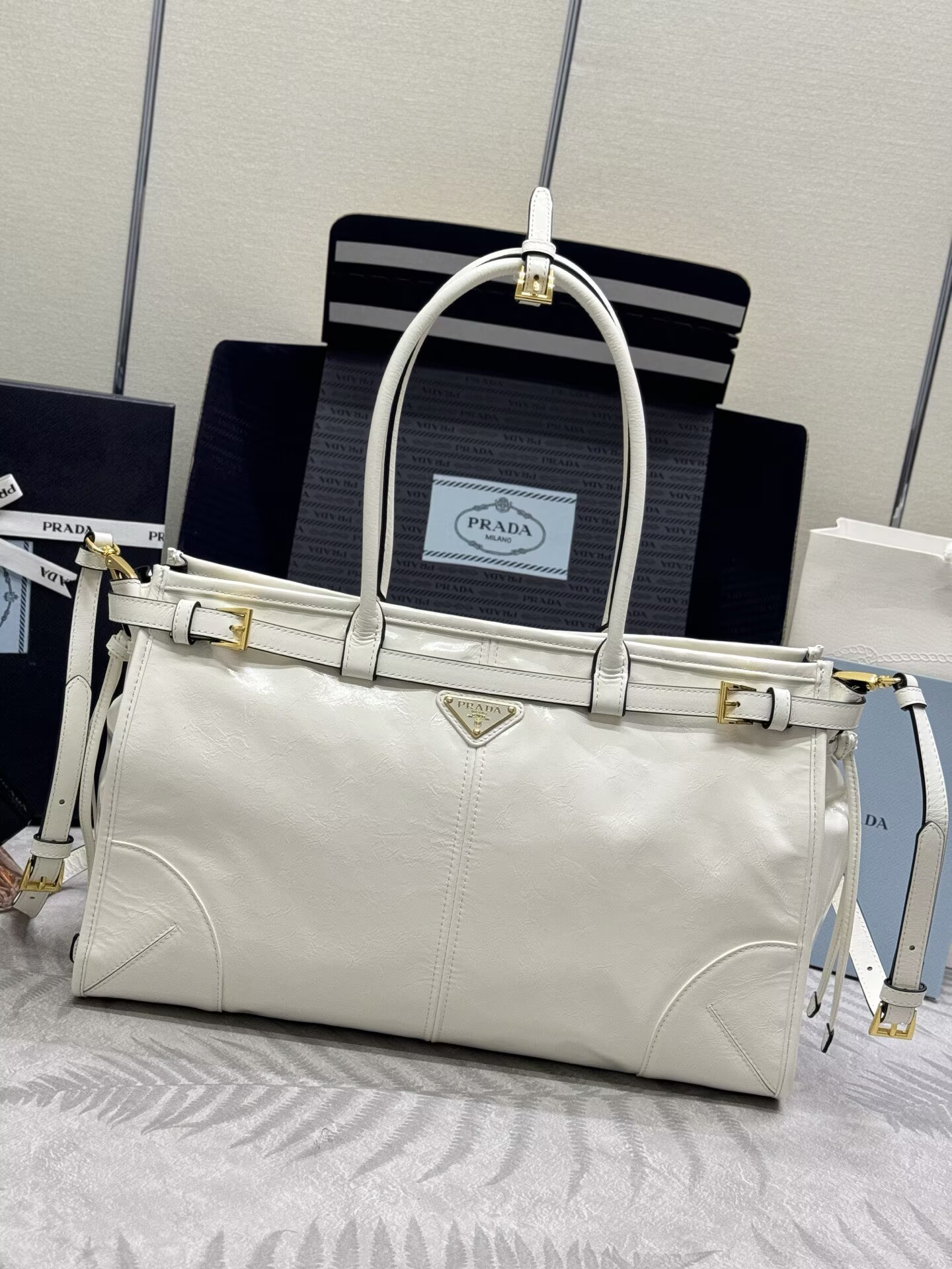 Prada Bonnie Leather Tote Bag 1BA433 White