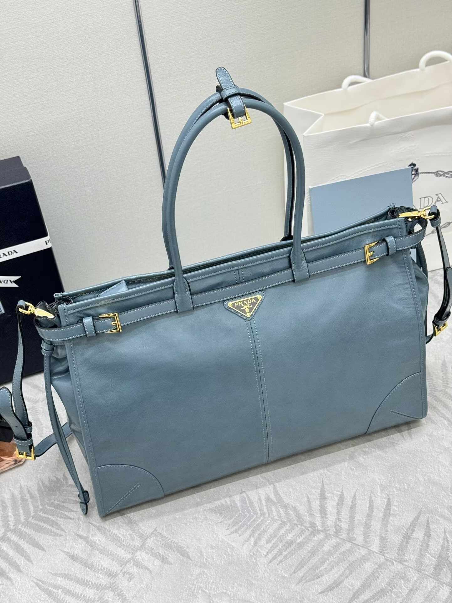 Prada Large Bonnie Leather Tote Bag 1BA439 Blue