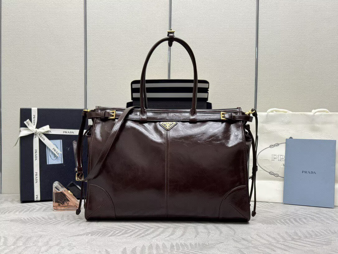 Prada Large Bonnie Leather Tote Bag 1BA439 Dark Brown