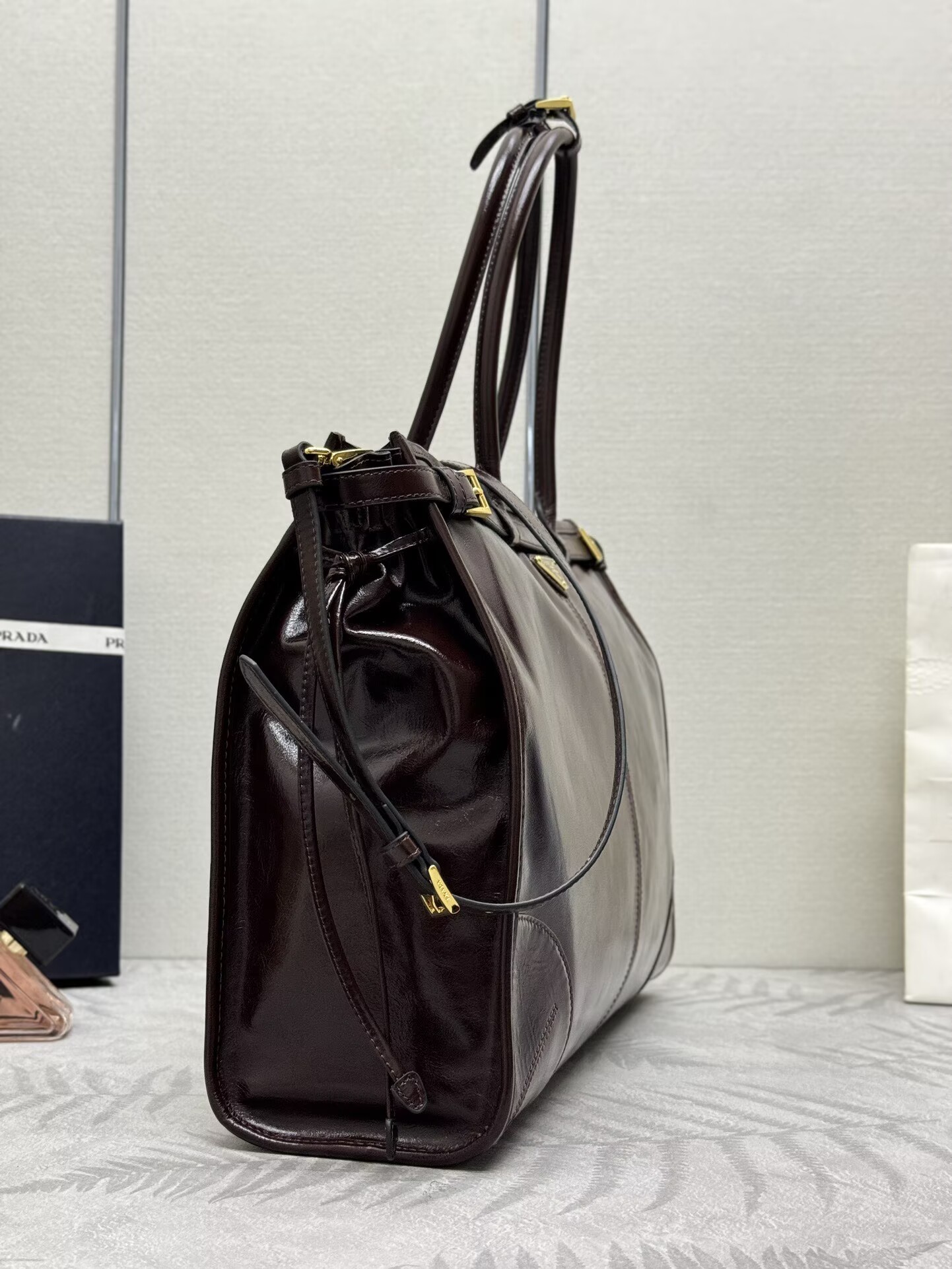 Prada Large Bonnie Leather Tote Bag 1BA439 Dark Brown