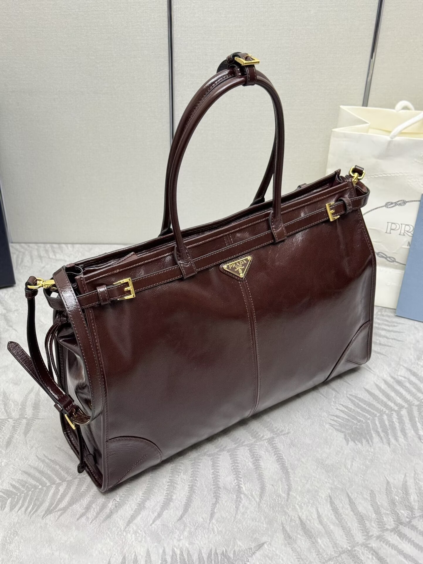 Prada Large Bonnie Leather Tote Bag 1BA439 Dark Brown
