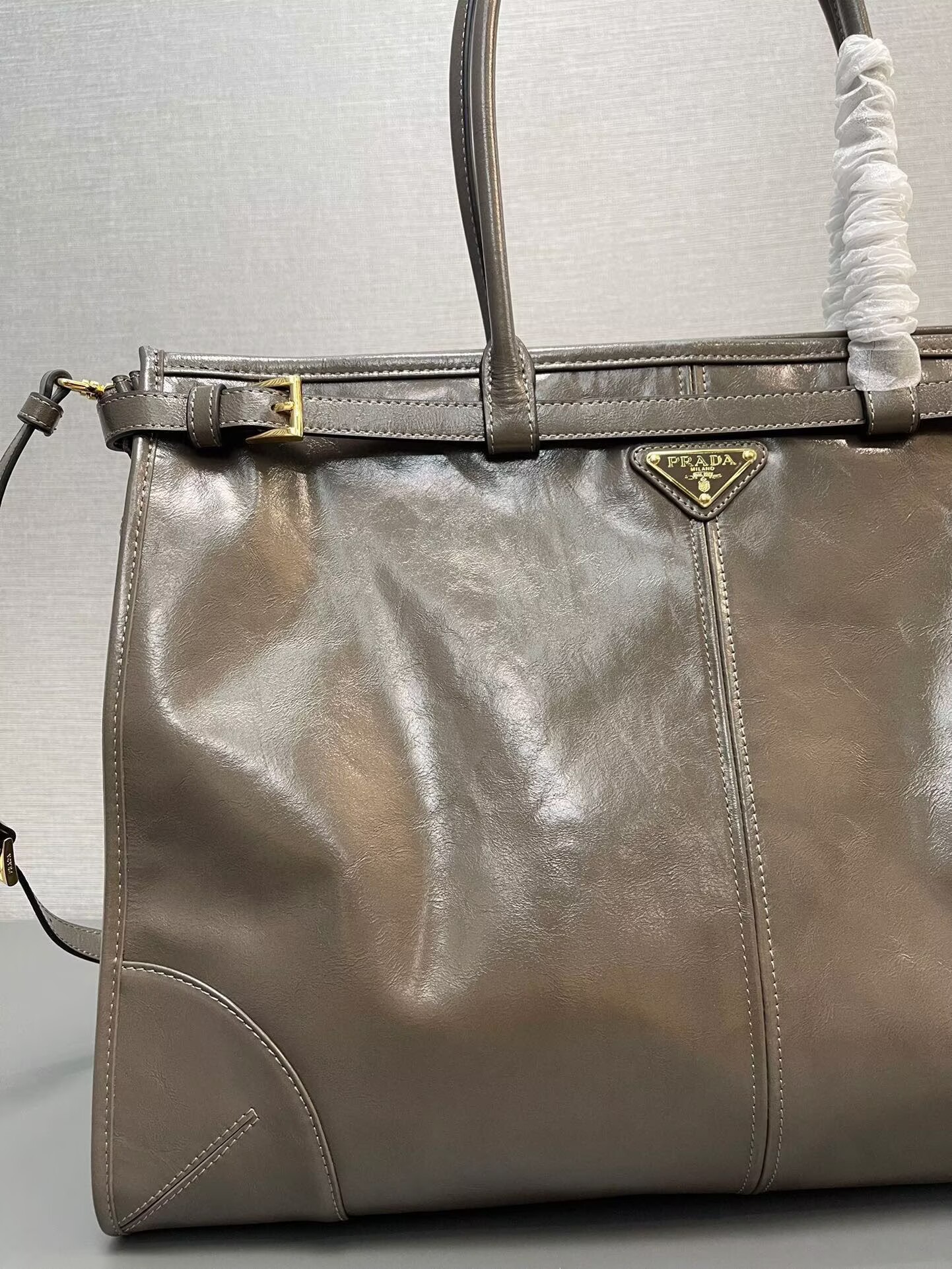 Prada Large Bonnie Leather Tote Bag 1BA439 Khaki Grey