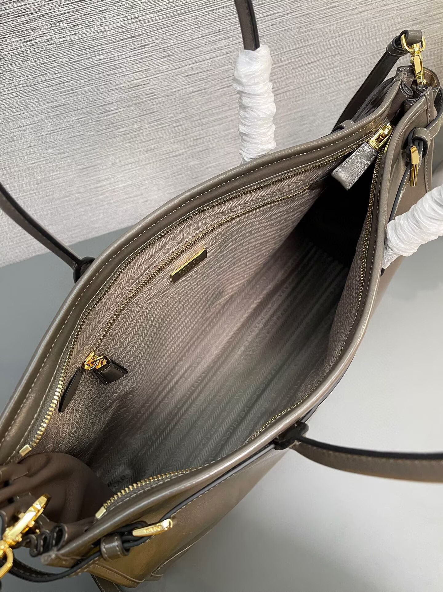 Prada Large Bonnie Leather Tote Bag 1BA439 Khaki Grey