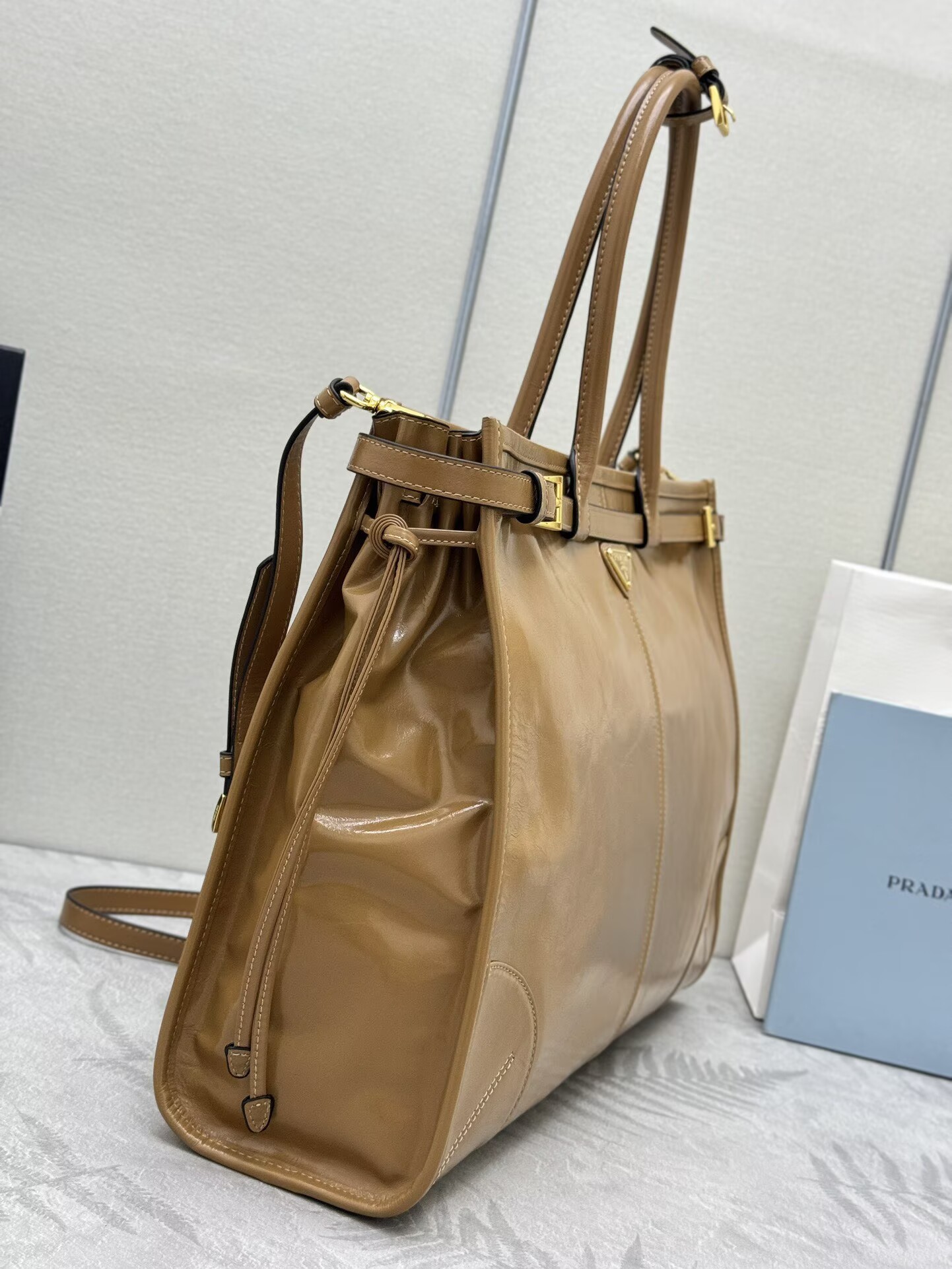 Prada Large Bonnie Leather Tote Bag 1BA439 Khaki