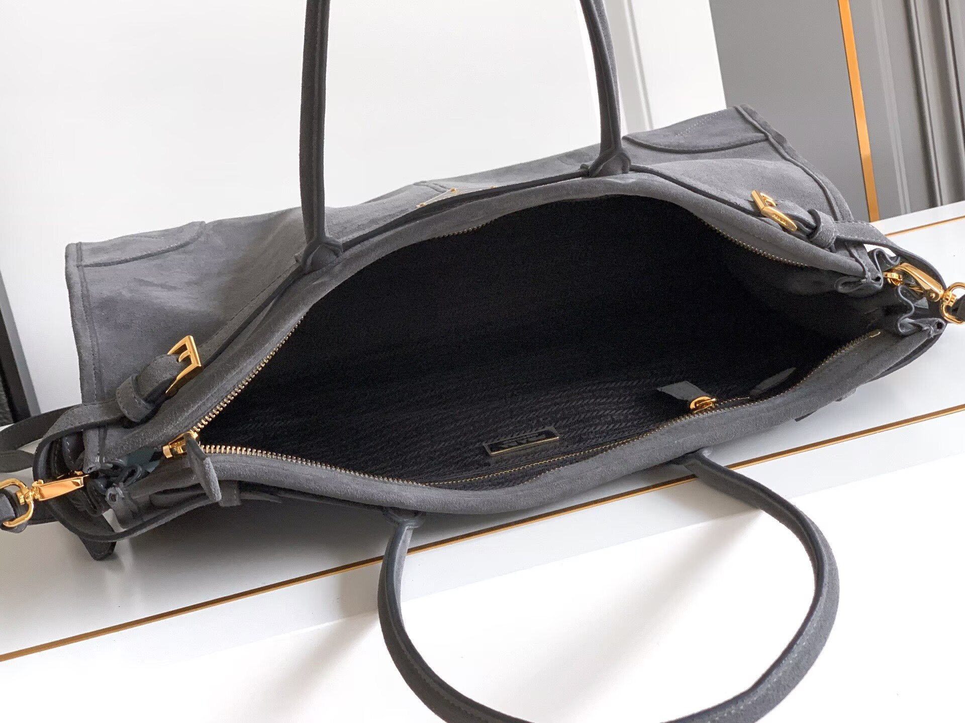 Prada Large Bonnie Suede Tote Bag 1BA439 Gray